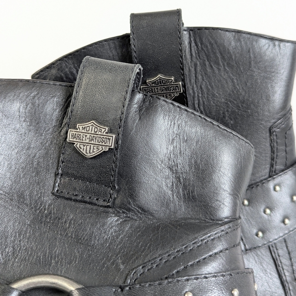 Rare Harley Davidson Black Leather Square Toe Riding Heeled Ankle Boots sz 8½ - Picture 9 of 10